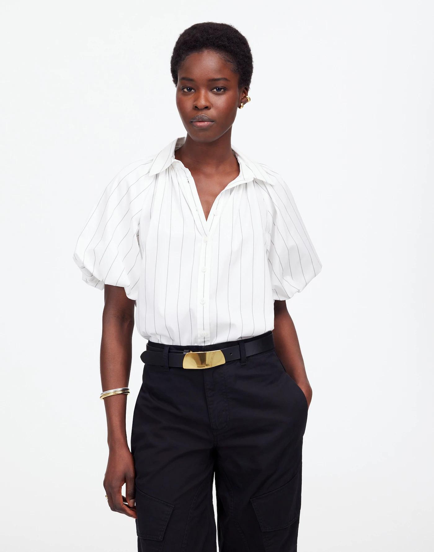 Shirred Bubble-Sleeve Button-Up Shirt Product Image