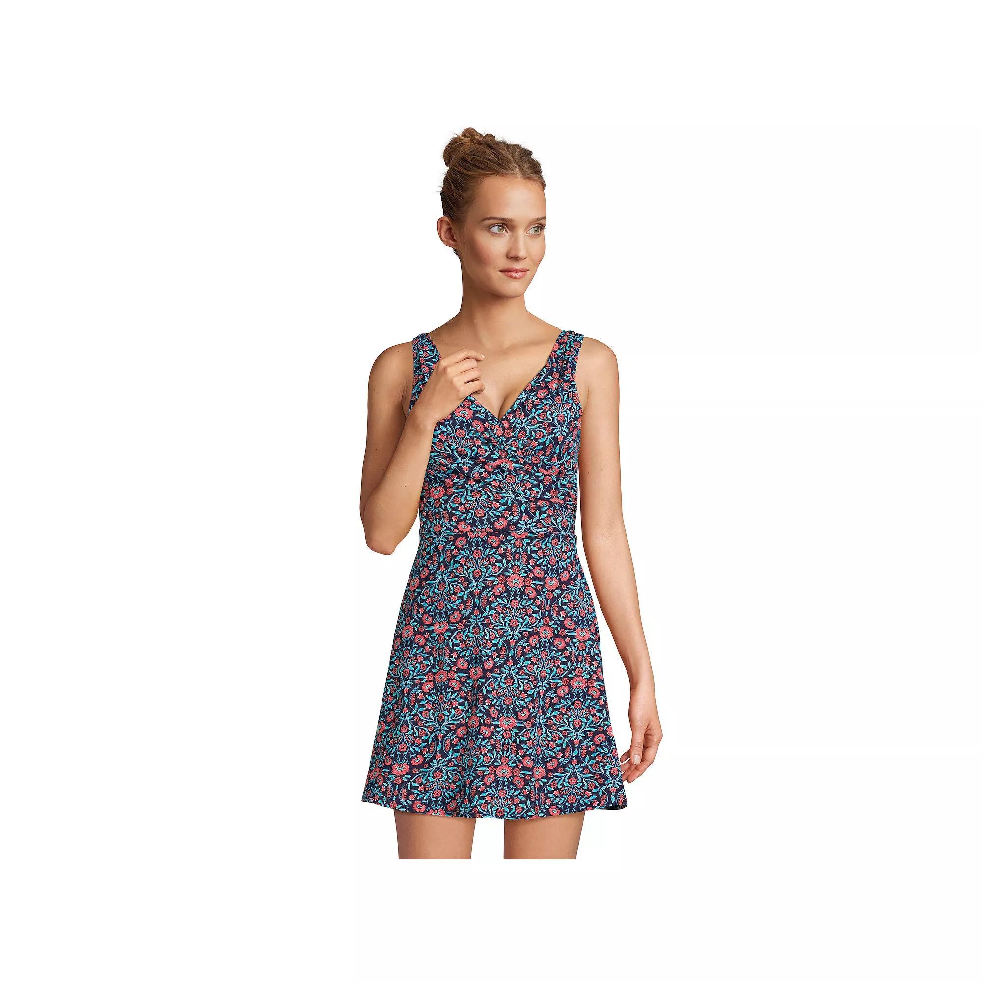 Women's Lands' End Tummy Control Surplice Faux-Wrap One-Piece Swim Dress, Size: 2, Blue Geo Border Product Image