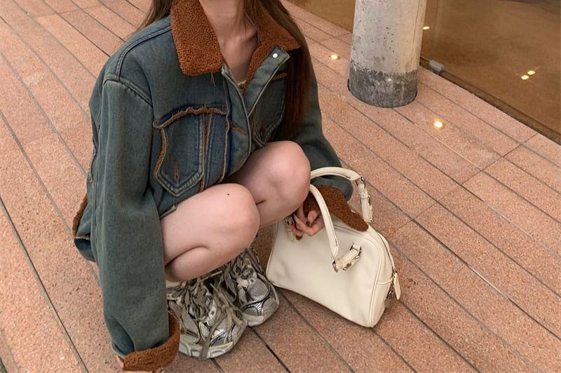 Collar Fleece-Lined Washed Denim Button Jacket Product Image