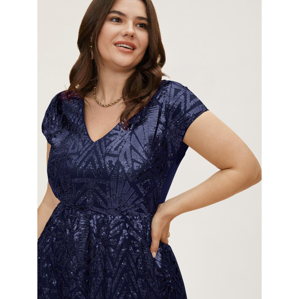 Plus Size Geometric Sequin Dolman Sleeve Midi Dress DarkBlue Women Cocktail Non V-neck Cap Sleeve Curvy BloomChic 30/6X Product Image