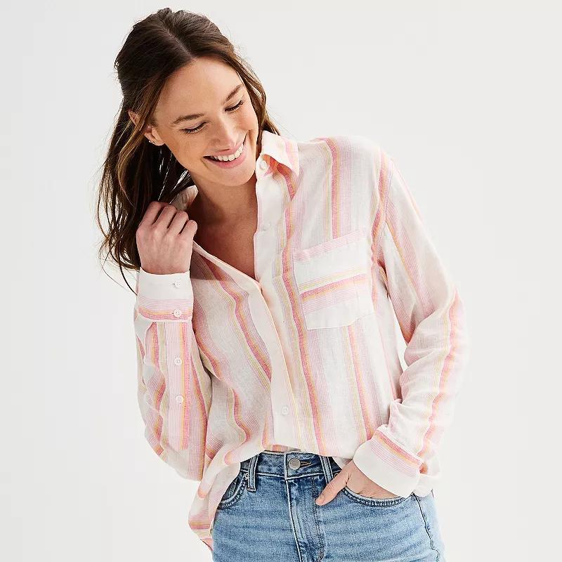 Women's Sonoma Goods For Life® Oversized Linen-Blend Boyfriend Shirt, Size: XL, Yellow Blue Stripe Product Image
