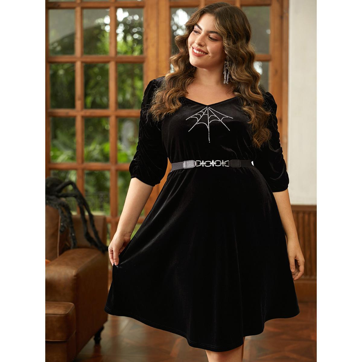 Plus Size Halloween Velvet Rhinestone Pocket Dress Black Women Elegant Rhinestone detailing Square Neck Half Sleeve Curvy Knee Dress BloomChic 30/6X Product Image