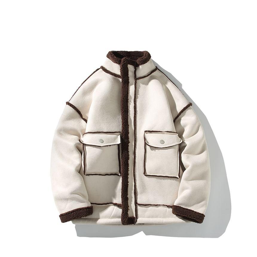 Stand Collar Faux Shearling Zip Jacket Product Image