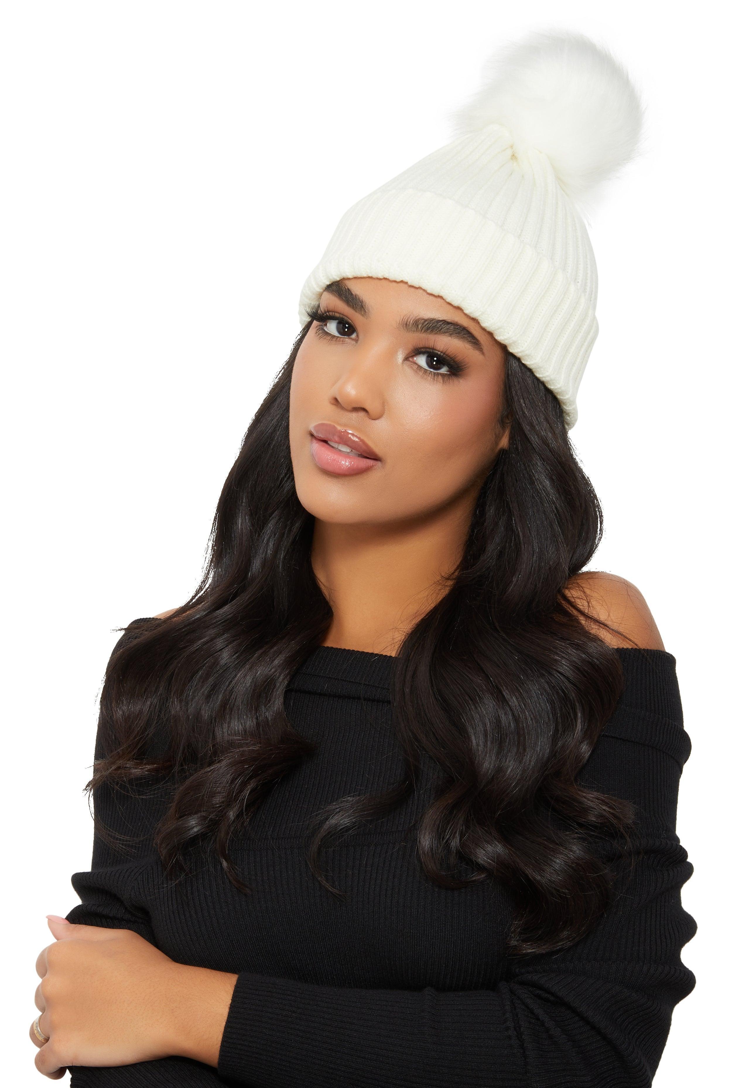 Ribbed Knit Faux Fur Pom Pom Beanie Female Product Image