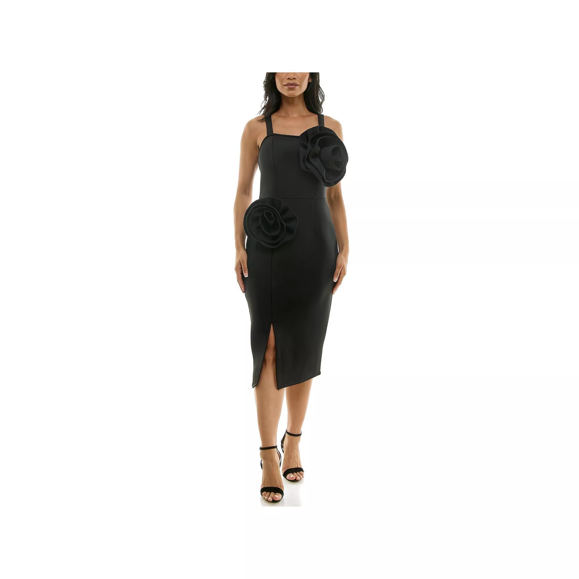 Women's Nina Leonard 3D Floral Midi Dress, Size: Large, Black Product Image
