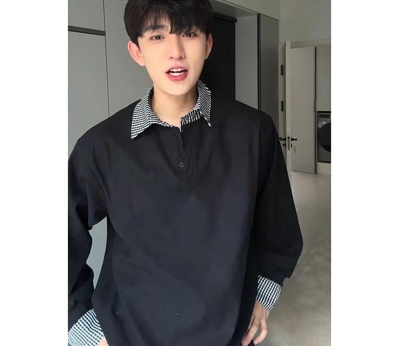 Mock Two-Piece Collared Plaid Panel Sweatshirt Product Image