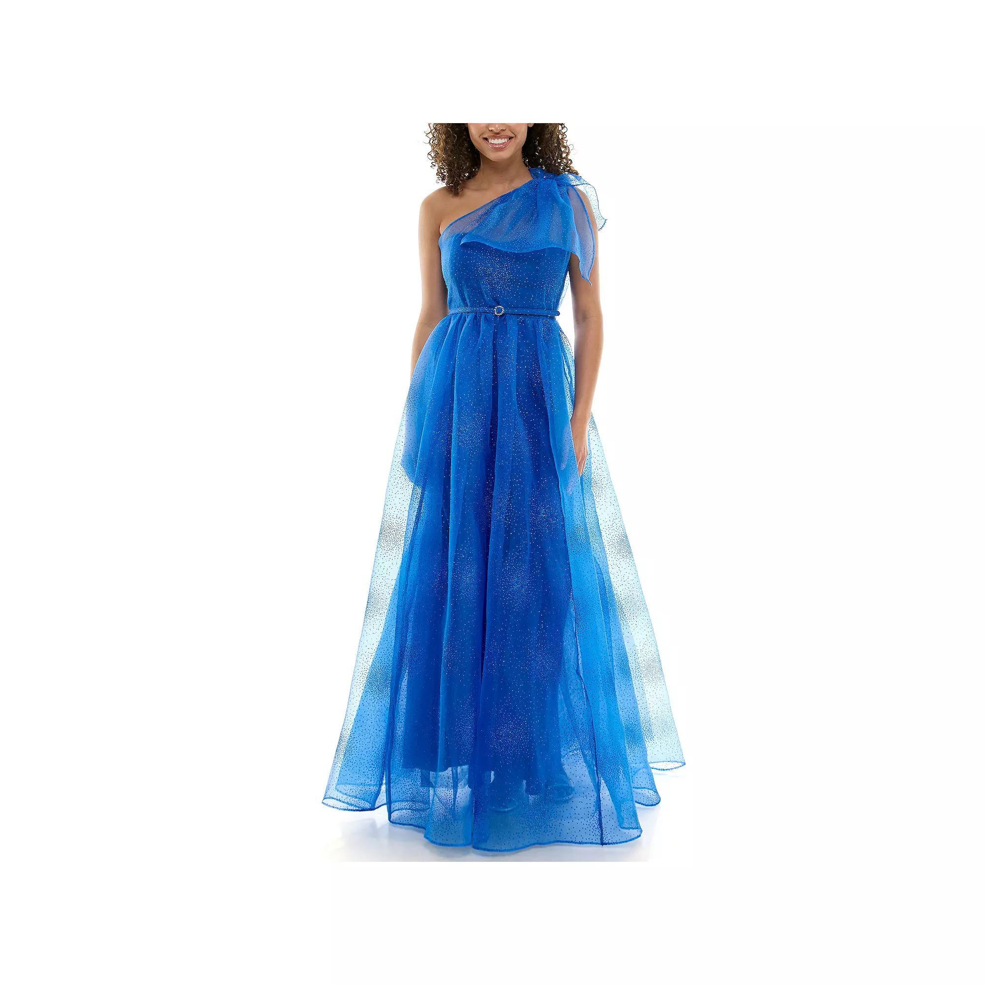 Juniors' Maison Tara Bow One Shoulder Evening Gown, Women's, Size: 7/8, Blue Product Image