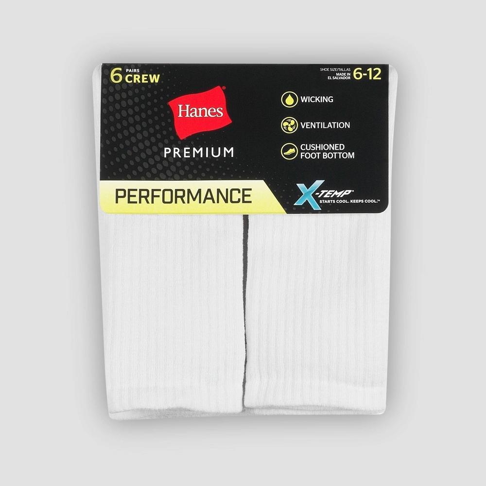 Men's Big & Tall Hanes Premium Performance Cushioned Crew Socks 6pk - White 12-14: Moisture Wicking, Ribbed Design Product Image