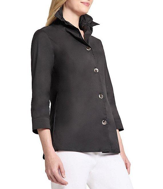 Ming Wang Stretch Cotton Poplin Ruffle Stand Collar Button Front Top Product Image