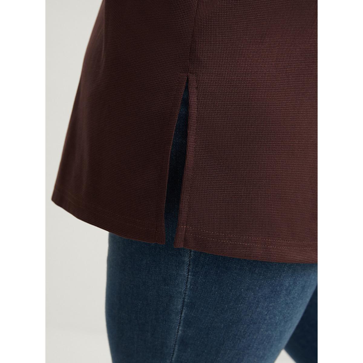 Plus Size Solid Cuffed Sleeve Split Hem Long Tee Burgundy Women Casual Button Plain V-neck Work T-shirts BloomChic 12/L Product Image