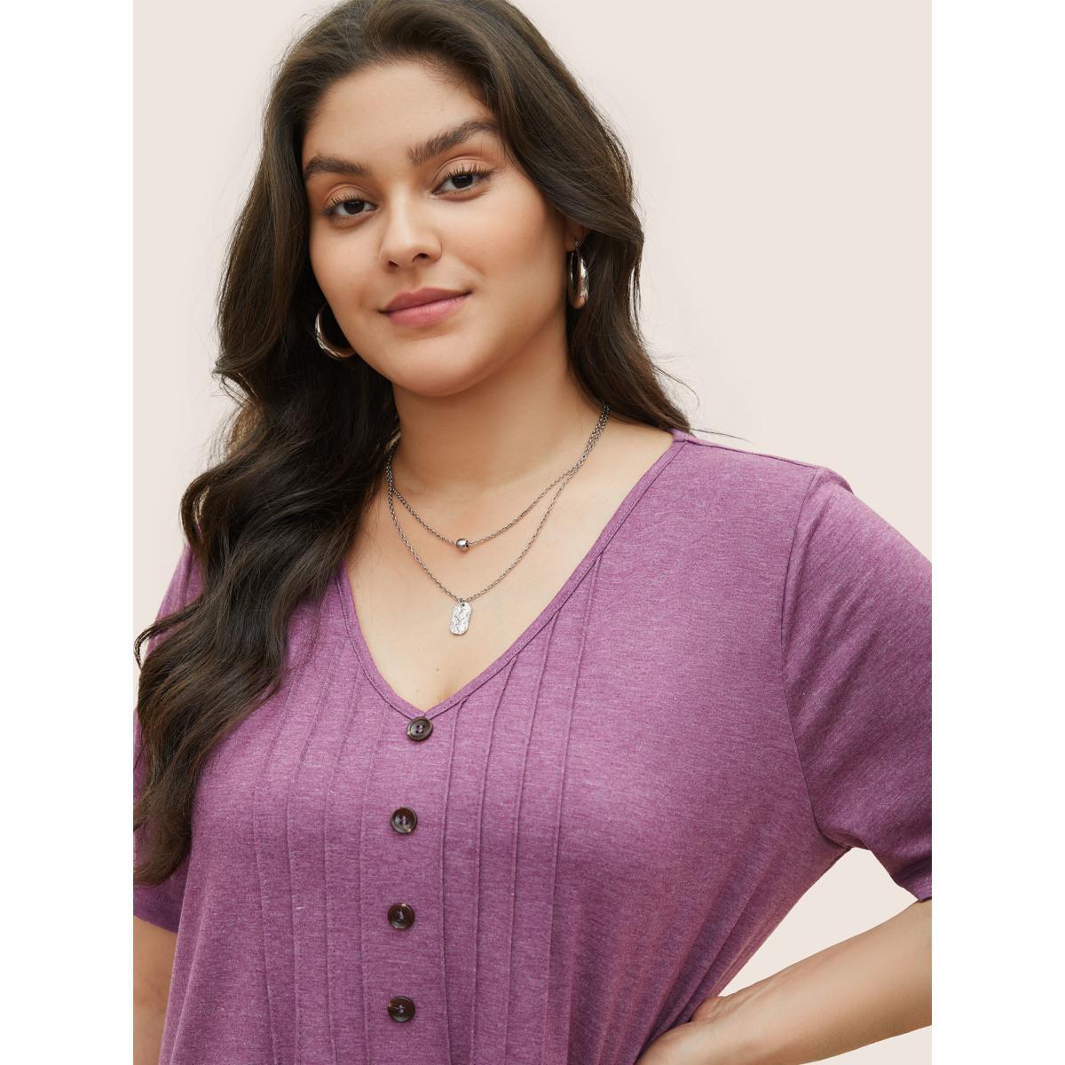 Plus Size Solid Pleated Front Button Detail V Neck T-shirt Purple Women Casual Button Plain V-neck Everyday T-shirts BloomChic 22-24/3X Product Image