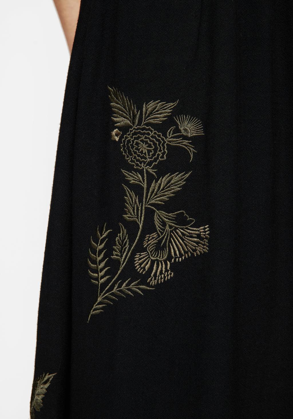 Foliate Linen-Blend Embroidered Sleeveless Midi Dress - Black Product Image