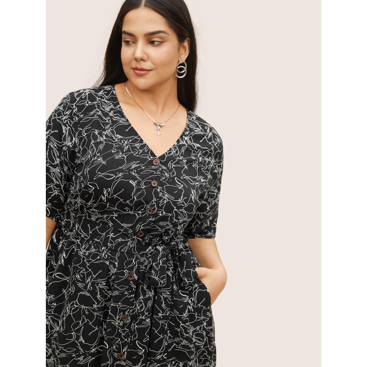 Plus Size Floral Button Through Belted Pocket Dress Black Women At the Office Belted V-neck Short sleeve Curvy Midi Dress BloomChic 22-24/3X Product Image