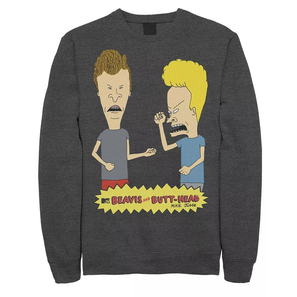 Mens Beavis and Butthead Fist Pump Distressed Portrait Sweatshirt Grey Heather Product Image