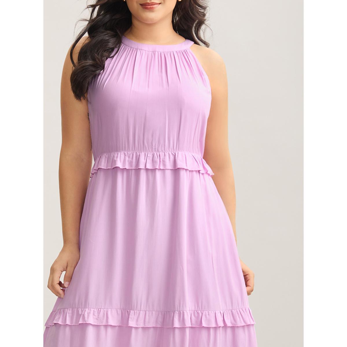 Plus Size Halter Neck Tiered Ruffles Pocket Midi Dress Lilac Women Halter neck Sleeveless Curvy BloomChic 12/L Product Image
