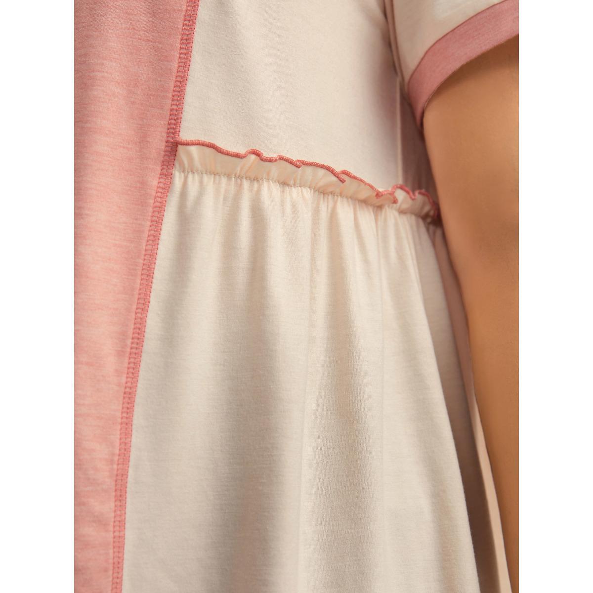 Plus Size Color Contrast High Low Hem T-Shirt Nudepink Women Gathered Round Neck Everyday-Casual T-shirts BloomChic 26/4X Product Image