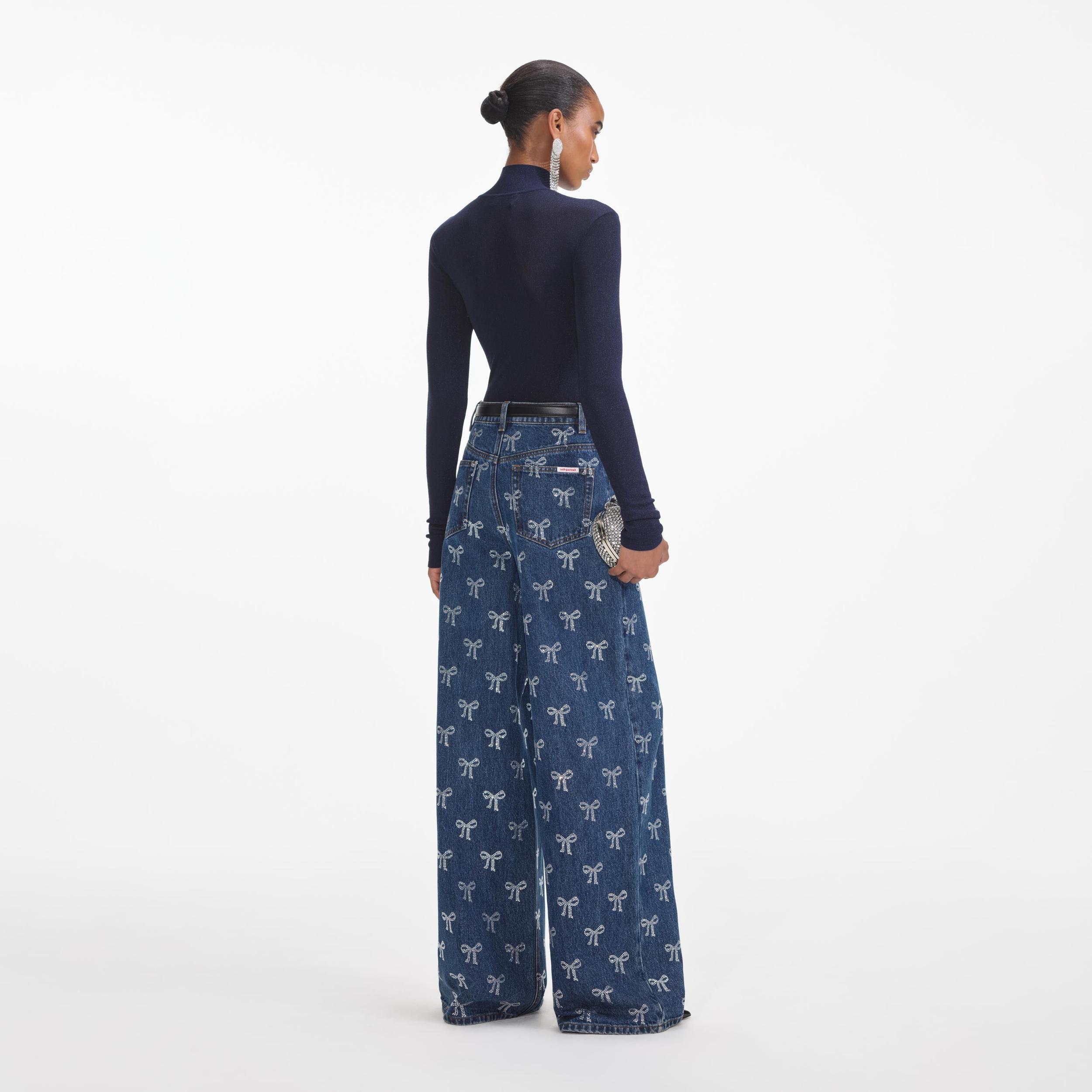 Rhinestone Bow Denim Jeans Product Image