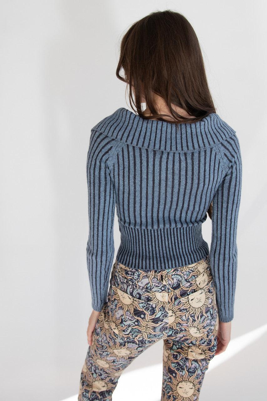 Fold Over Collar Ribbed Zip Up Sweater Product Image