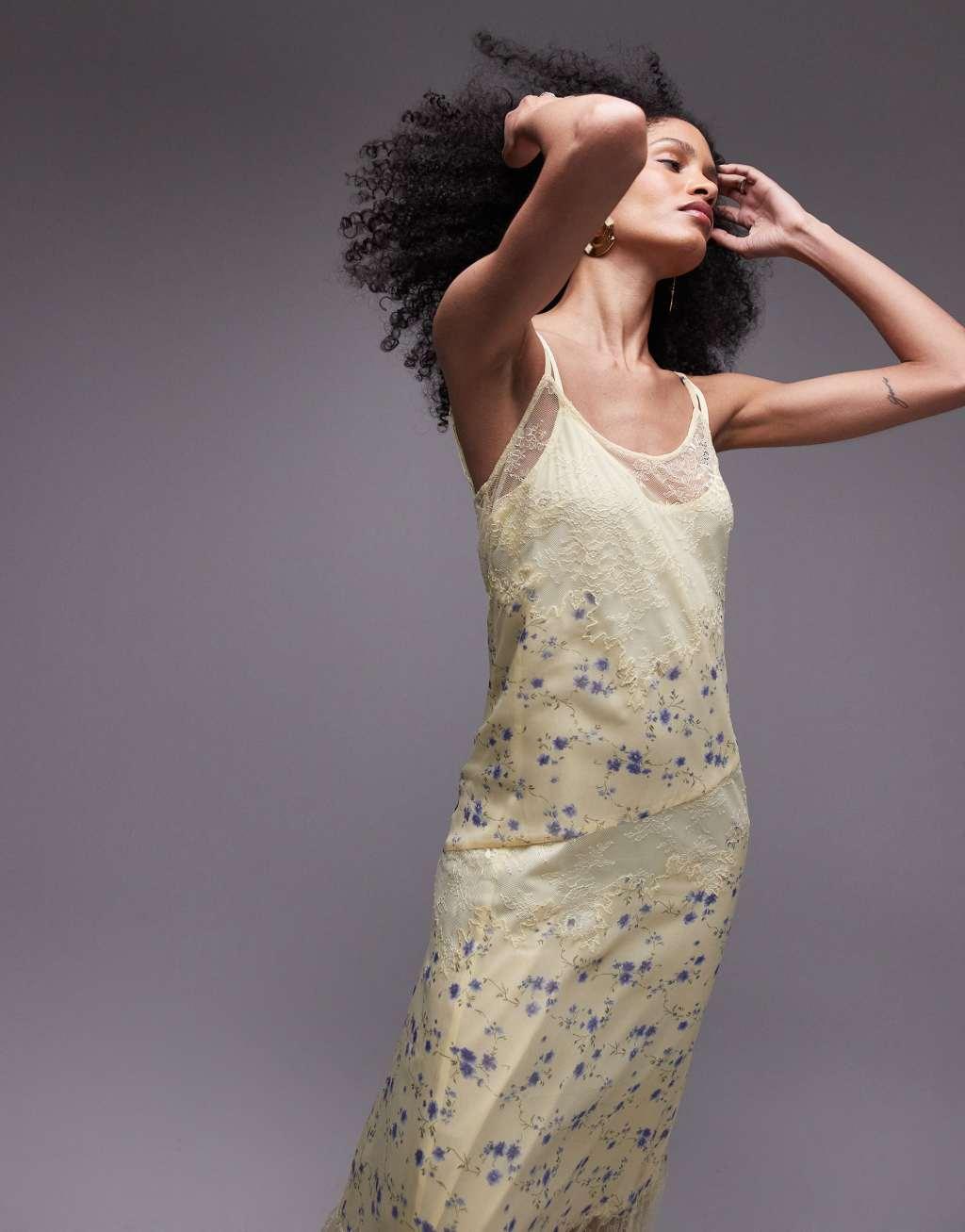 Topshop premium scoop neck lace insert midi dress with removable lining in yellow floral print Product Image