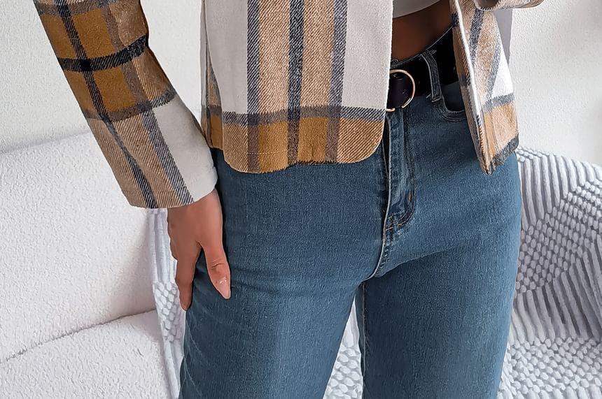 Stand Collar Plaid Open Front Jacket Product Image