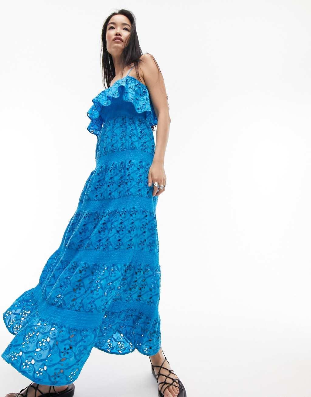 Topshop strappy eyelet maxi dress with frill neck Product Image