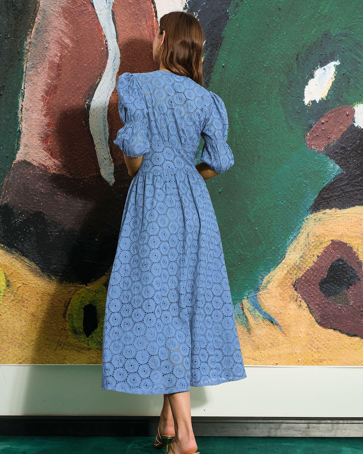 The Blue Puff Sleeve Cutout Slit Maxi Dress Female Product Image