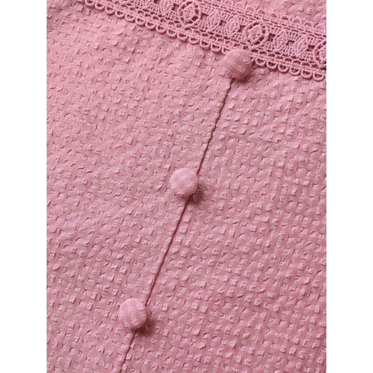 Plus Size Lace Trim Button Detail Tiered Midi Dress Beanpastepowder Women Square Neck Cap Sleeve Curvy BloomChic 22-24/3X Product Image