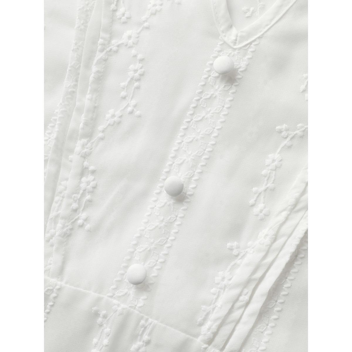 Plus Size Originalwhite Texture Mesh Button Detail Tucked Seam Blouse Women Elegant Elbow-length sleeve V-neck Everyday Blouses BloomChic 12/L Product Image
