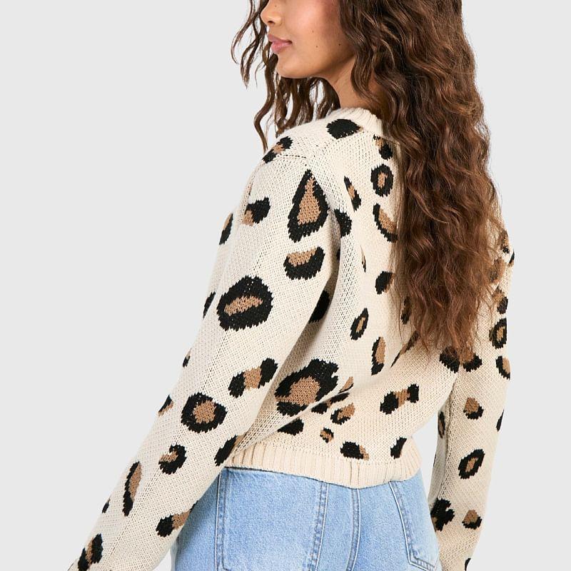 Long Sleeve Leopard Print Tie-Front Crop Cardigan Product Image