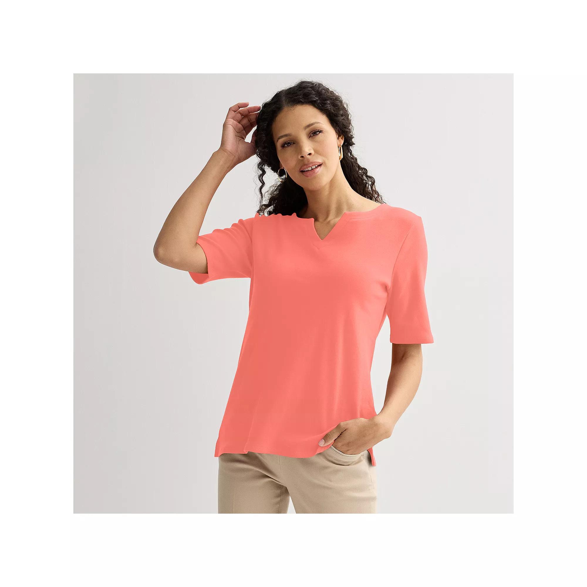 Petite Croft & Barrow® Elbow Sleeve Splitneck Top, Women's, Size: XS Petite, White Product Image