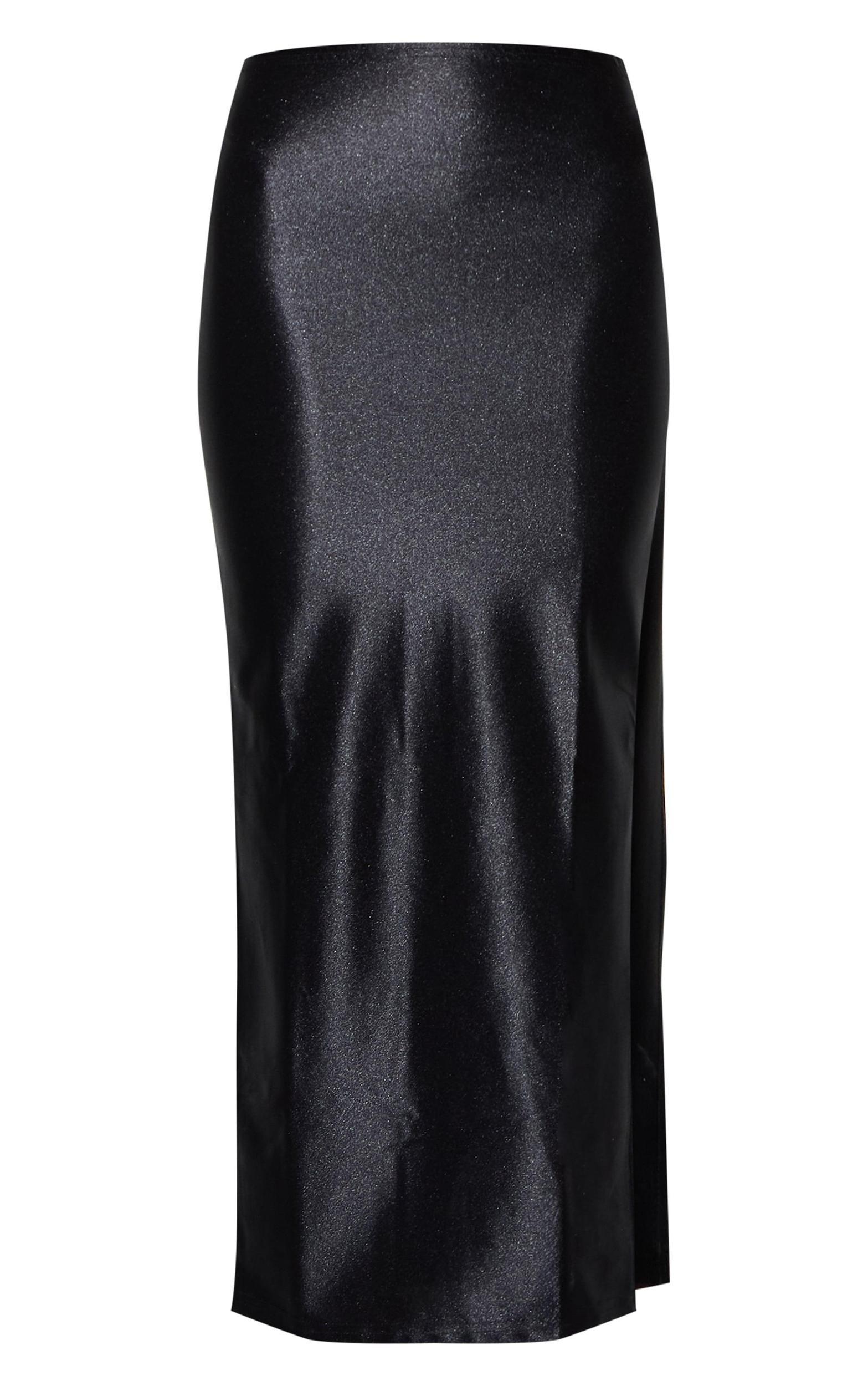 Black Stretch Satin Split Side Midaxi Skirt Product Image