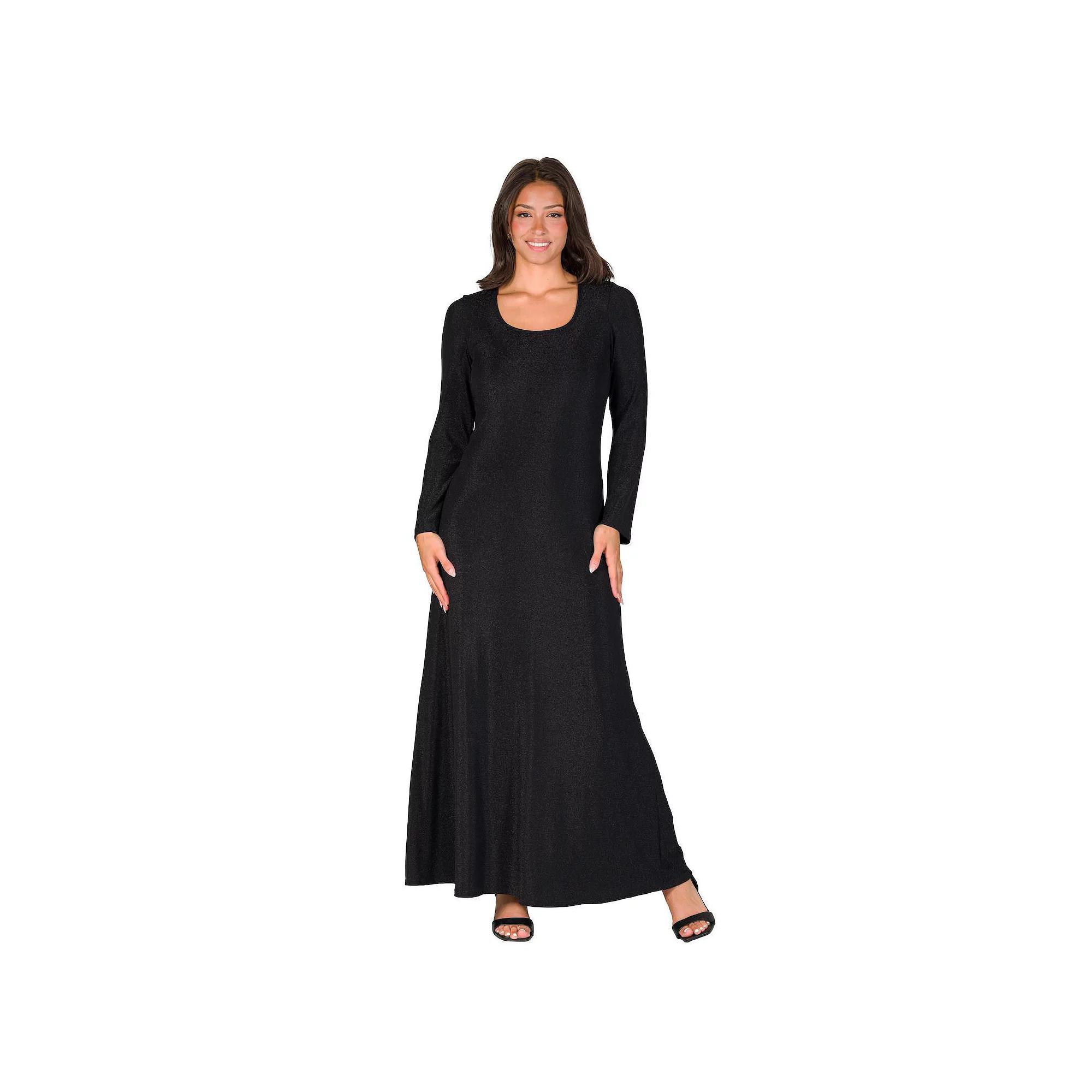 Women's 24Seven Comfort Apparel Long Sleeve Scoopneck Shimmer Maxi Dress, Size: Large, Gold Product Image