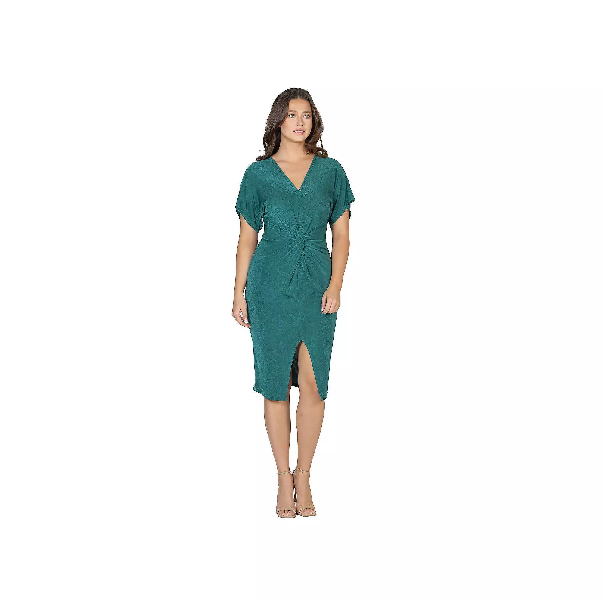 Women's 24Seven Comfort Apparel Short Sleeve V Neck Twist Front Split Hem Dress, Size: Small, Hunter Product Image