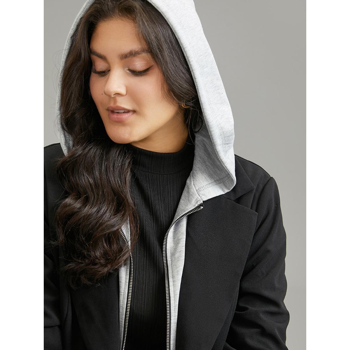 Plus Size Contrast Patchwork Zipper Button Up Hooded Blazer Black Women Dailywear Plain Lined Sleeve Long Sleeve Hooded 12/L Pocket Casual Blazers BloomChic Product Image