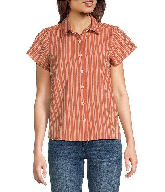 Aventura Aubrey Stripe Print Woven Spread Collar Cap Sleeves Button Front Top Product Image