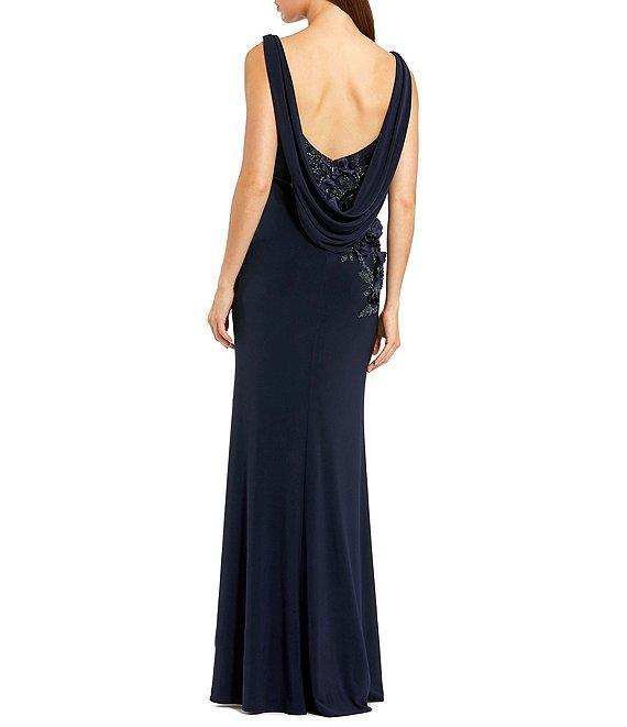 Mac Duggal Drape Neckk 3D Floral Applique Jersey Column Gown Product Image