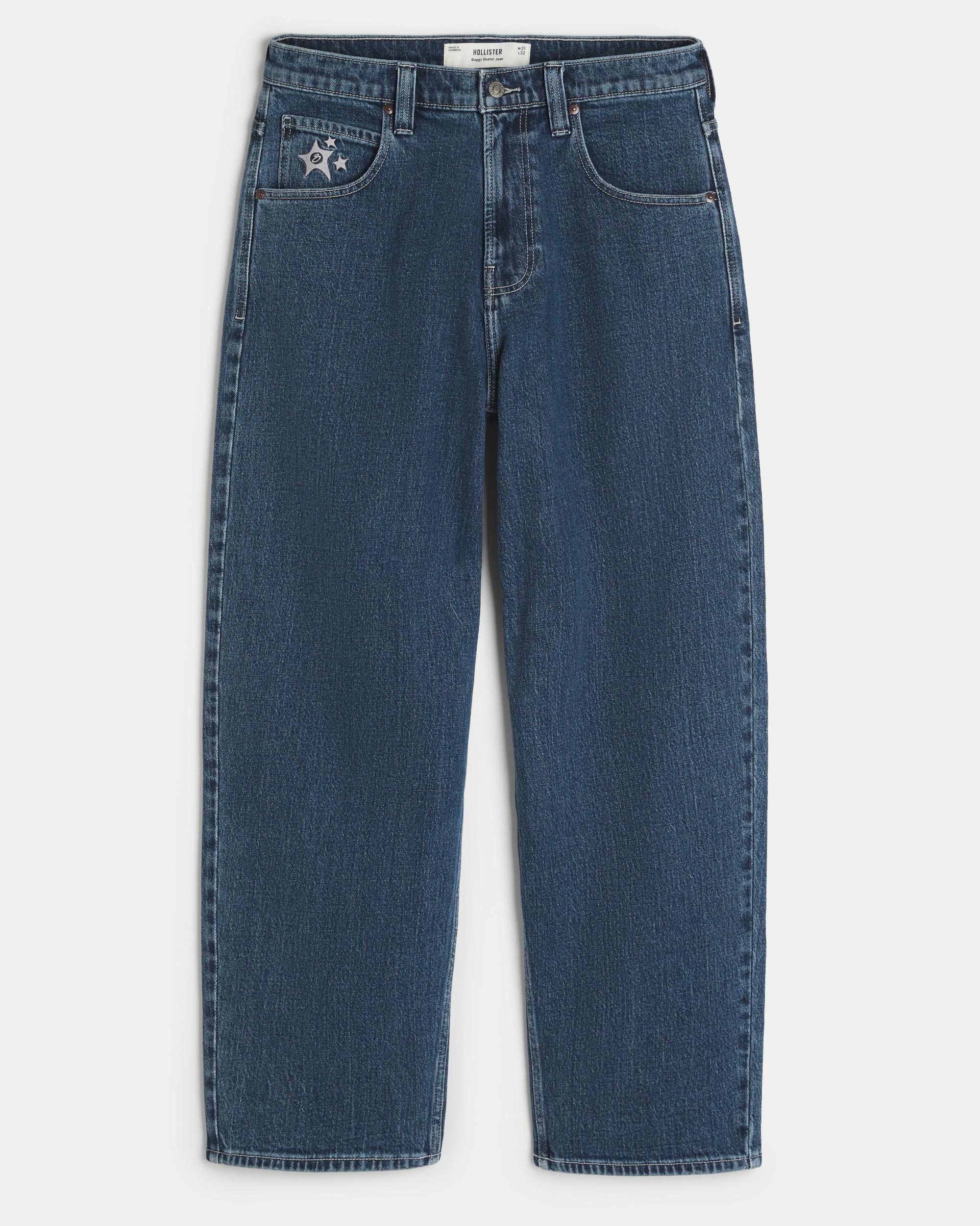 Medium Wash Star Graphic Skater Baggy Jeans Product Image