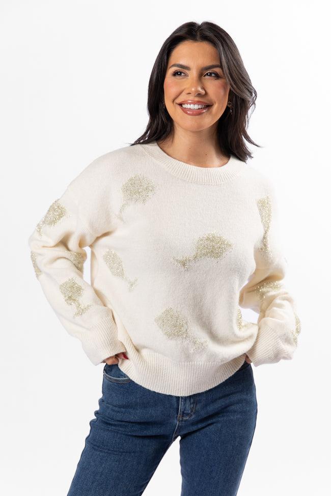 Pop The Bubbly Glitter Wine Glass Embroidered Cream Sweater Product Image