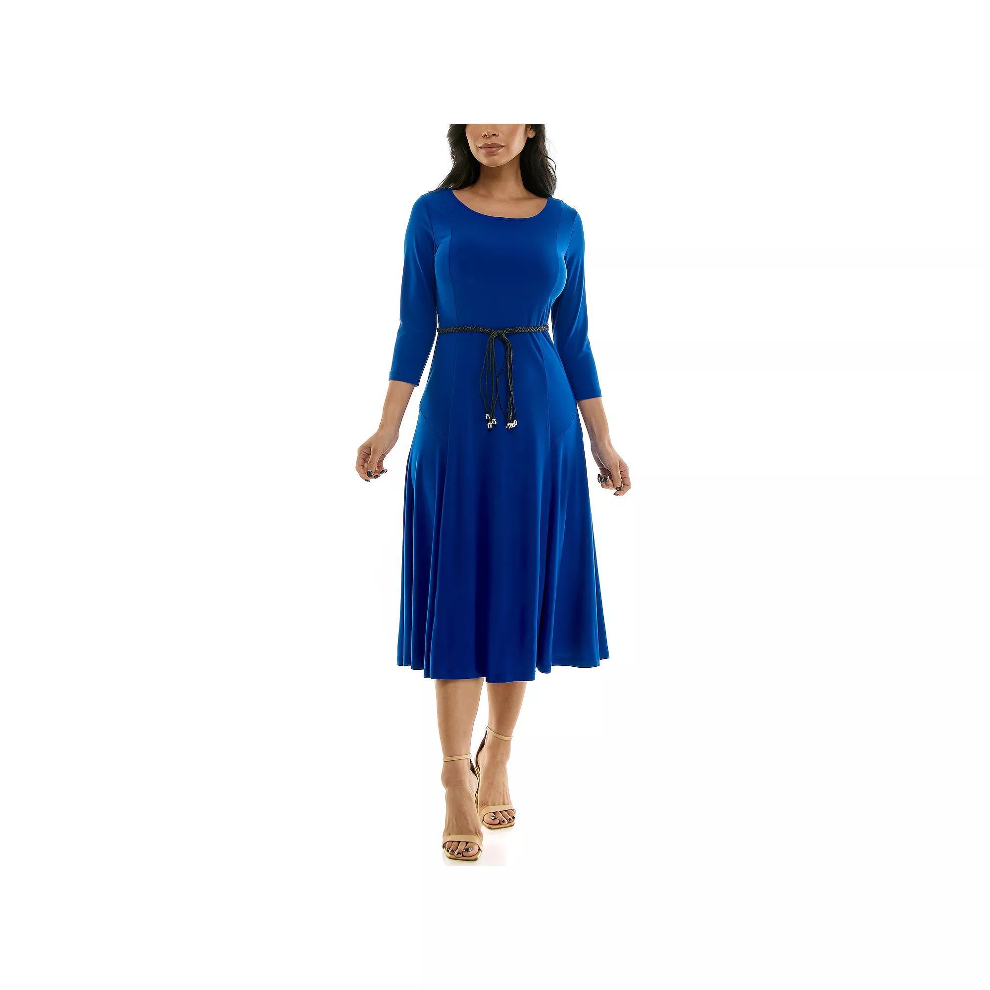 Women's Nina Leonard Sylvia Three-Quarter Sleeve Belted Midi Dress, Size: Small, Blue Jay Product Image