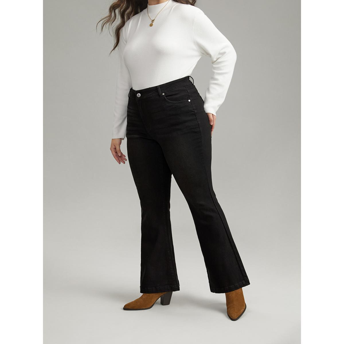 Plus Size Flare Leg High Rise Full Length Jeans Women Black Casual Plain Plain High stretch Pocket Jeans BloomChic 22/3X Product Image