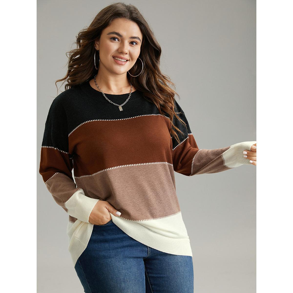 Plus Size Supersoft Essentials Colorblock Contrast Round Neck Pullover Multicolor Women Casual Loose Long Sleeve Round Neck Everyday Pullovers BloomChic 26/4X Product Image