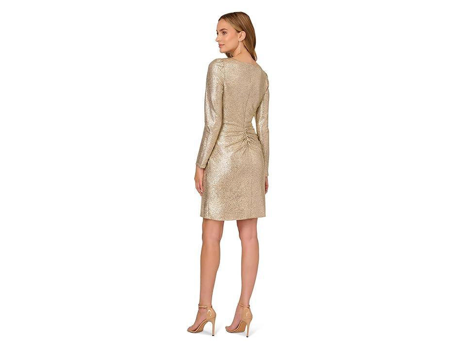 Adrianna Papell Long Sleeve V-Neck Metallic Foiled Knit Draped Dress Product Image