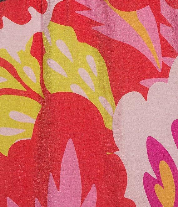 Calessa Petite Size Woven Modern Abstract Print Ruffled Split V-Neck Short Sleeve Tunic Product Image