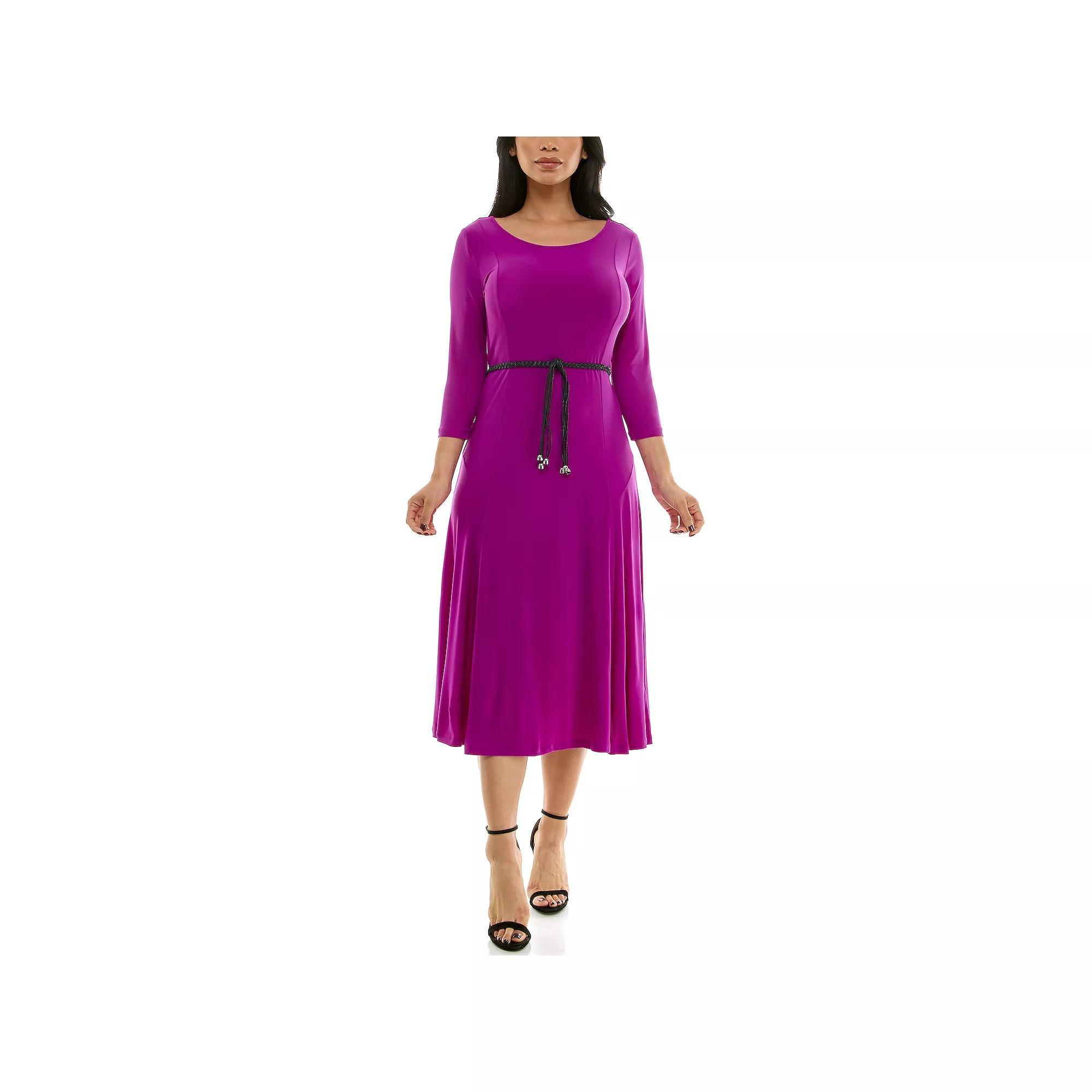 Women's Nina Leonard Sylvia Three-Quarter Sleeve Belted Midi Dress, Size: XL, Ivory Product Image