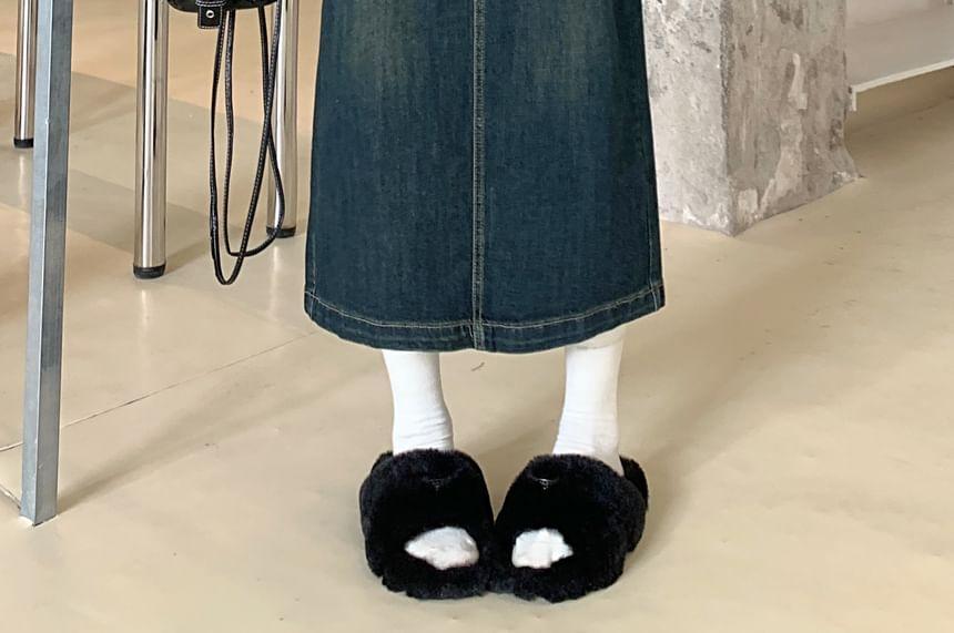 High Waist Washed Slit Denim Midi A-Line Skirt Product Image