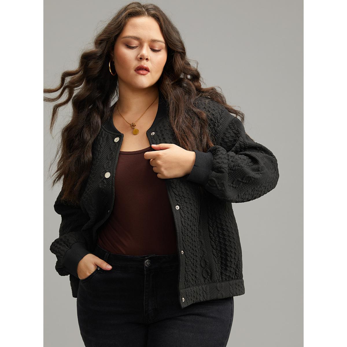 Plus Size Plain Texture Button Through Jacket Women Black Elastic cuffs Dailywear Jackets BloomChic 12/L Product Image