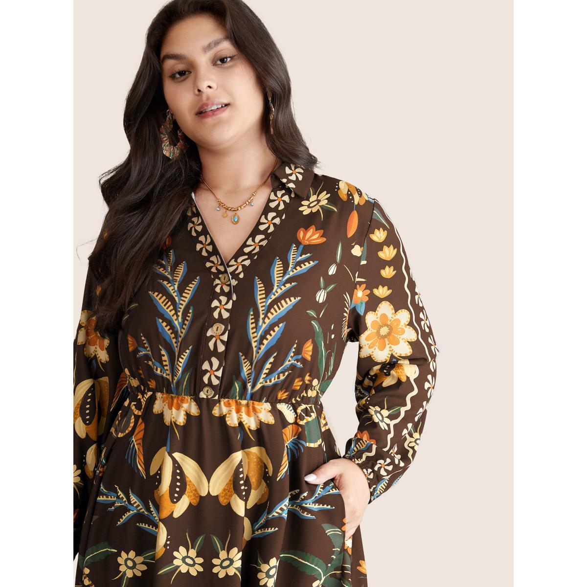 Plus Size Bandana Print Pocket Lapel Collar Elastic Cuffs Dress DarkBrown Women Resort Non V-neck Long Sleeve Curvy Midi Dress BloomChic 14-16/1X Product Image