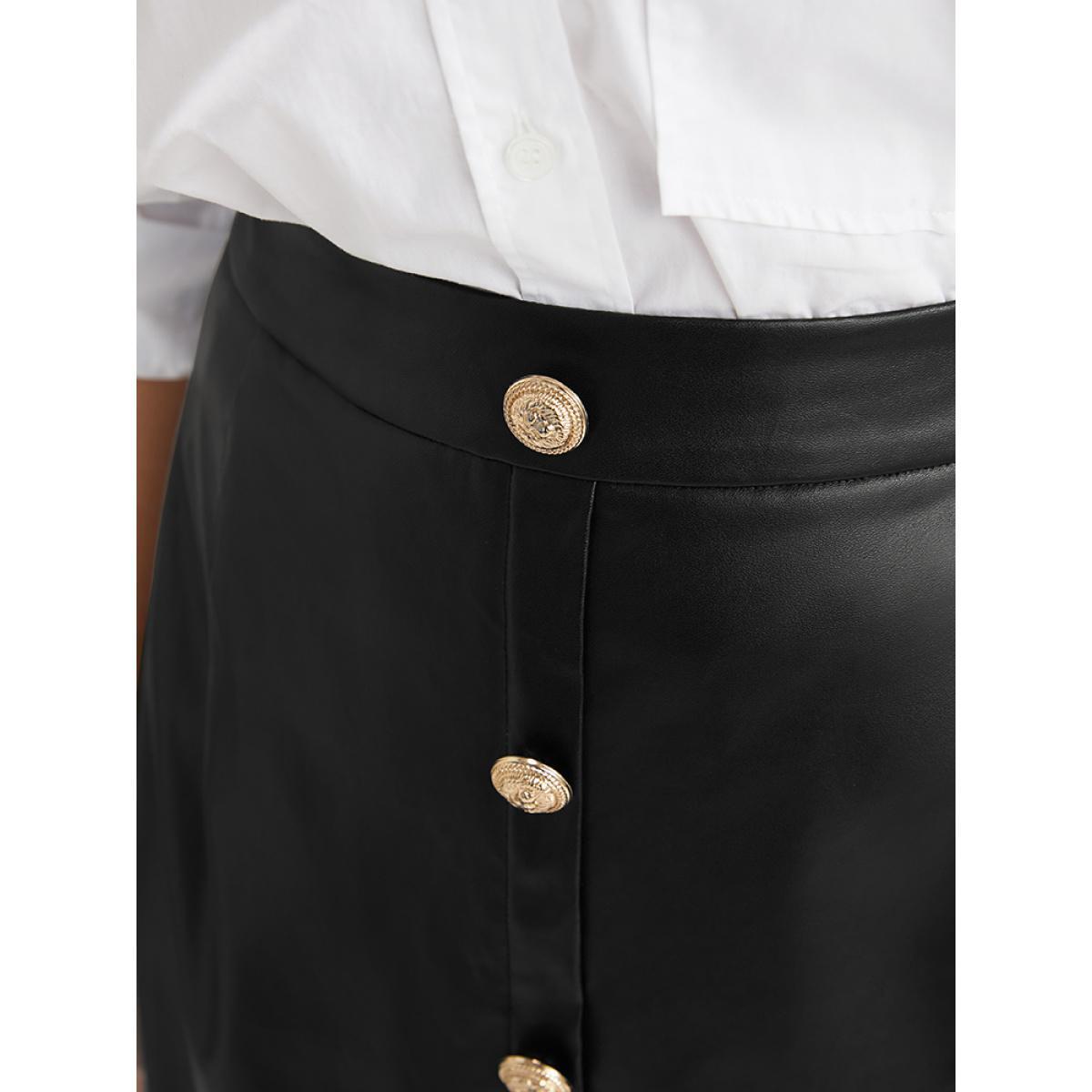 Plus Size PU Leather Button Detail Skirt Women Black Glamour Button Low stretch Going out Skirts BloomChic 28/5X Product Image