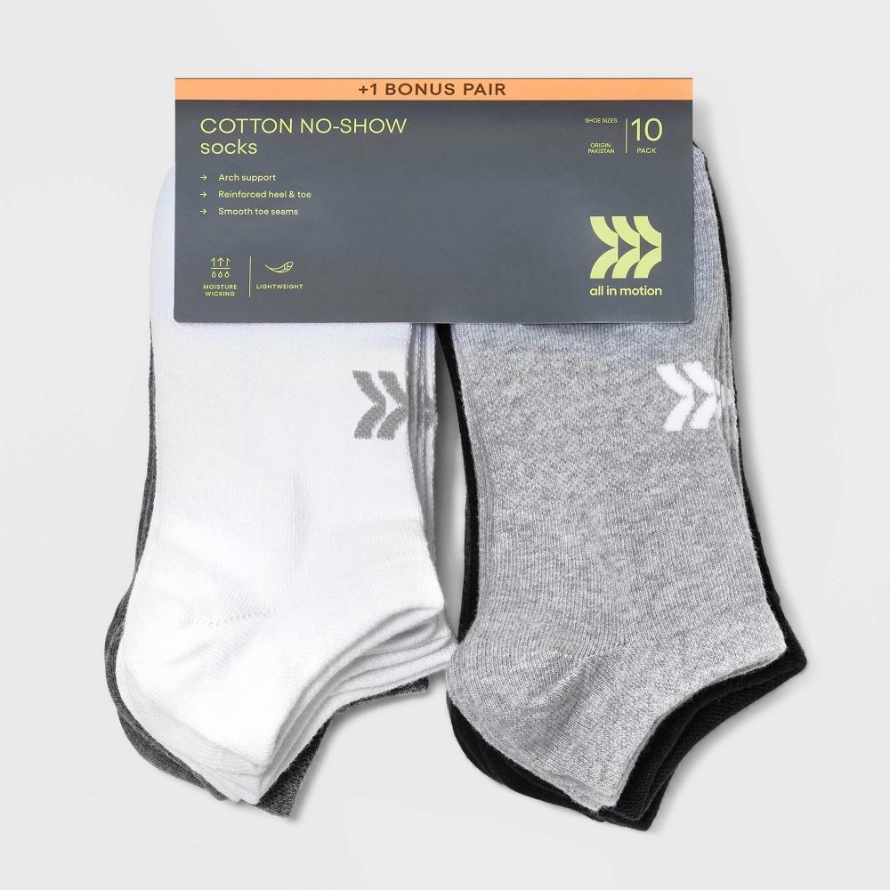 Women's Lightweight 10+1 Bonus Pack No Show Athletic Socks - All In Motion™ White/Black/Gray 4-10 Product Image