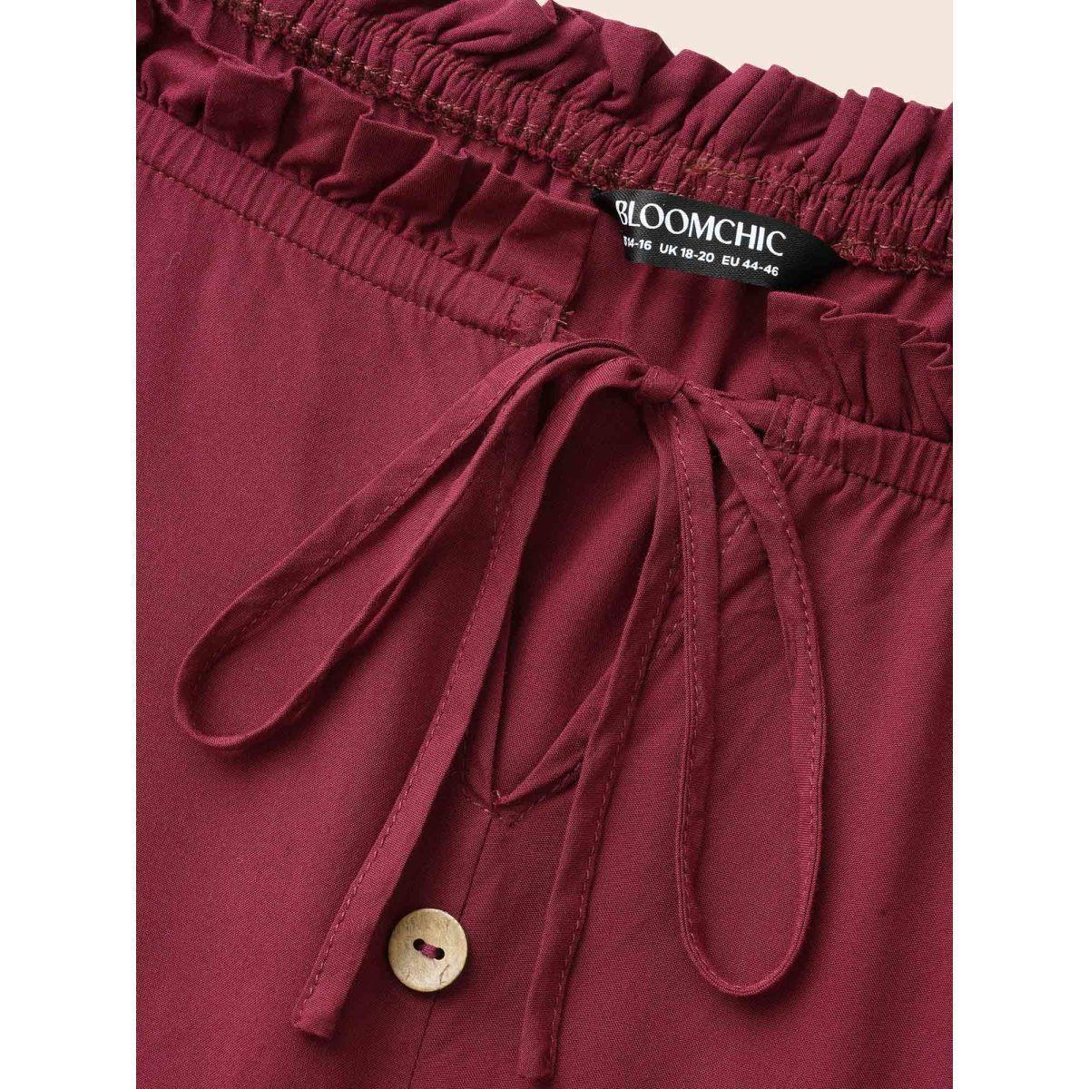 Plus Size Plain Off Shoulder Lace Trim Ruffle Hem Dress Burgundy Women Resort Woven ribbon&lace trim One-shoulder neck Half Sleeve Curvy BloomChic 30/6X Product Image